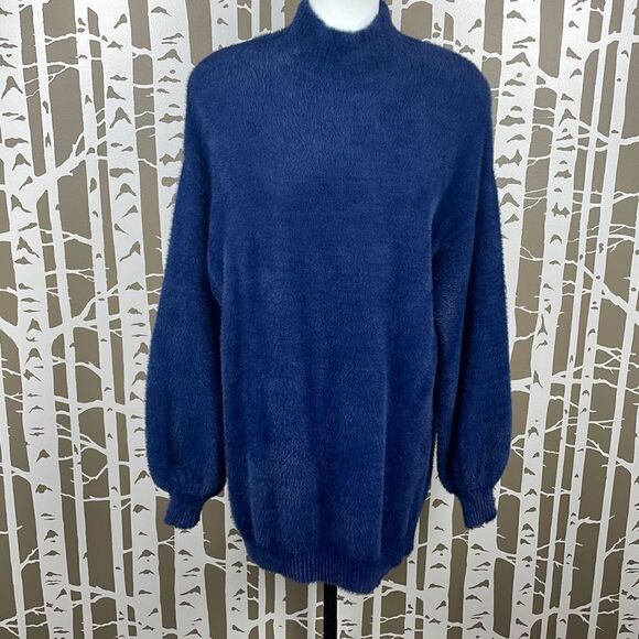 Navy Blue Fuzzy Soft Knit Oversized Mock Neck Sweater sz M - Picture 1 of 10